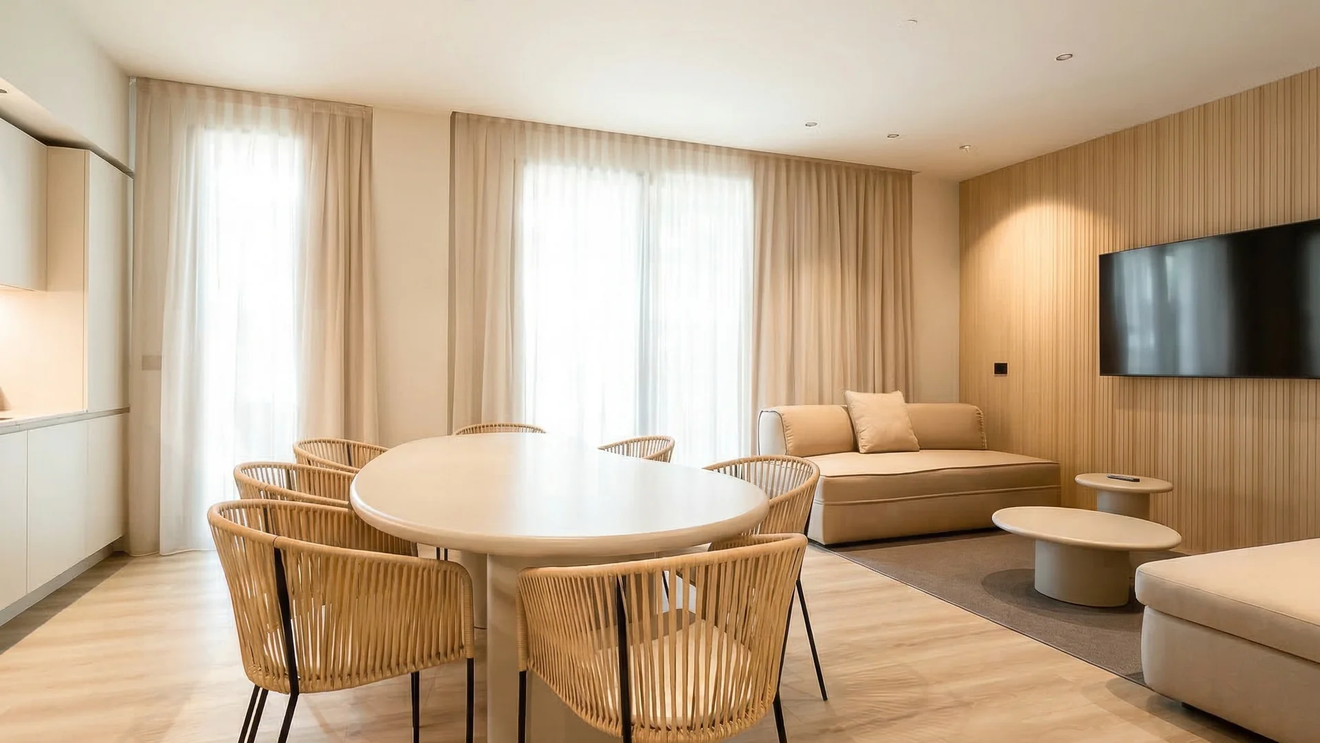 Soggiorno moderno con tavolo da pranzo ovale e sedie in legno chiaro