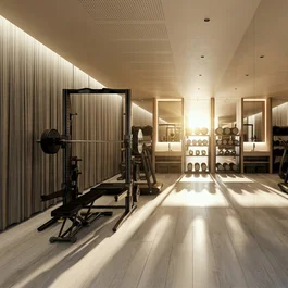 Palestra moderna con attrezzi e specchi illuminta dalla luce del sole